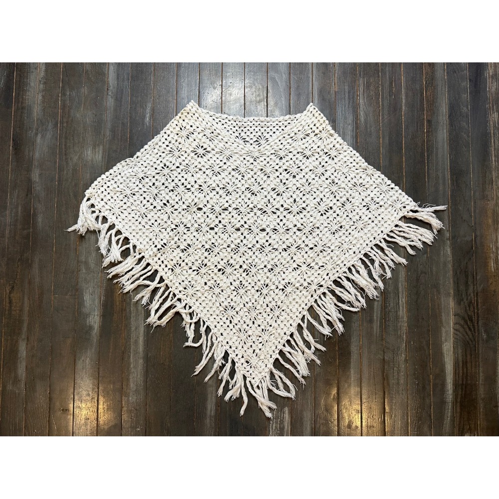 Vintage Style Cream Crochet Fringe Poncho Boho Open Knit Wrap One Size